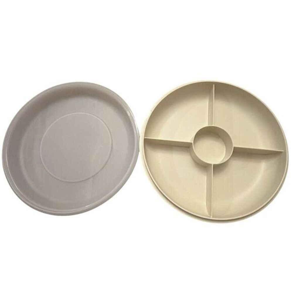 Vintage Tupperware Divided Tray Serving Relish Dip 10‎ inch Almond W Lid 1708-5